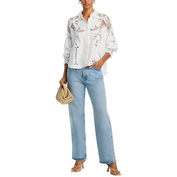 Farm Rio Womens Palms Richelieu Long Sleeve Shirt Small Off White - NWT $248 - Picture 2 of 7